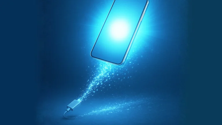 A glowing smartphone floating above a charging cable that dissolves into light particles, representing the end of wired connections.