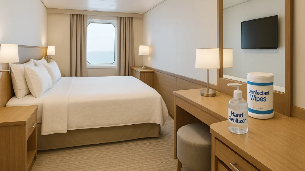 Cruise ship stateroom with disinfectant items displayed