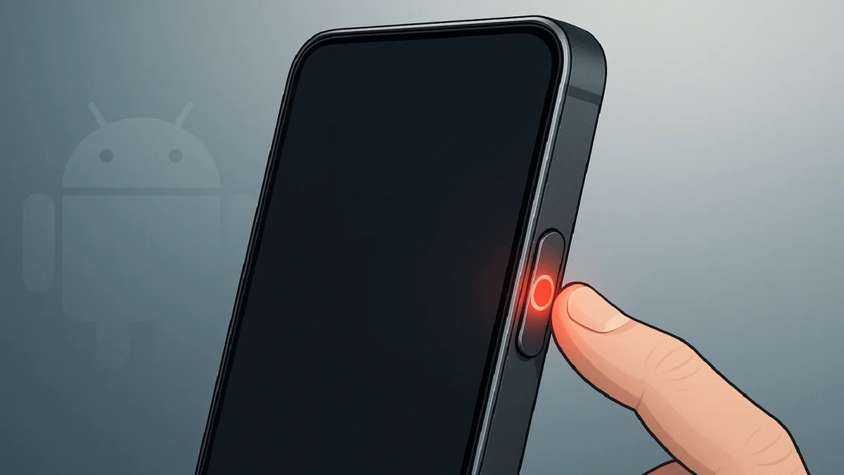 A close-up of a person pressing a glowing red record button on the side of a smartphone, symbolizing Nothing’s Essential Key restoring native call recording functionality to Android.