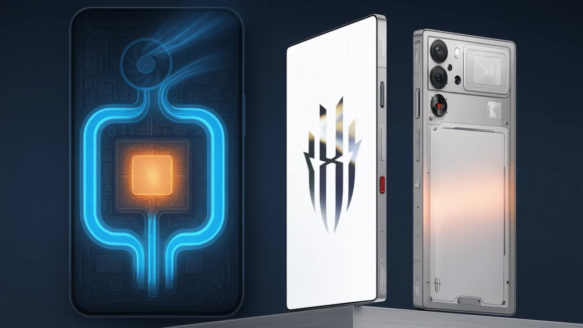 Three smartphones displayed side by side, showing the RedMagic 11 Pro’s front, back, and an internal view with glowing blue liquid cooling channels and a bright processor core.