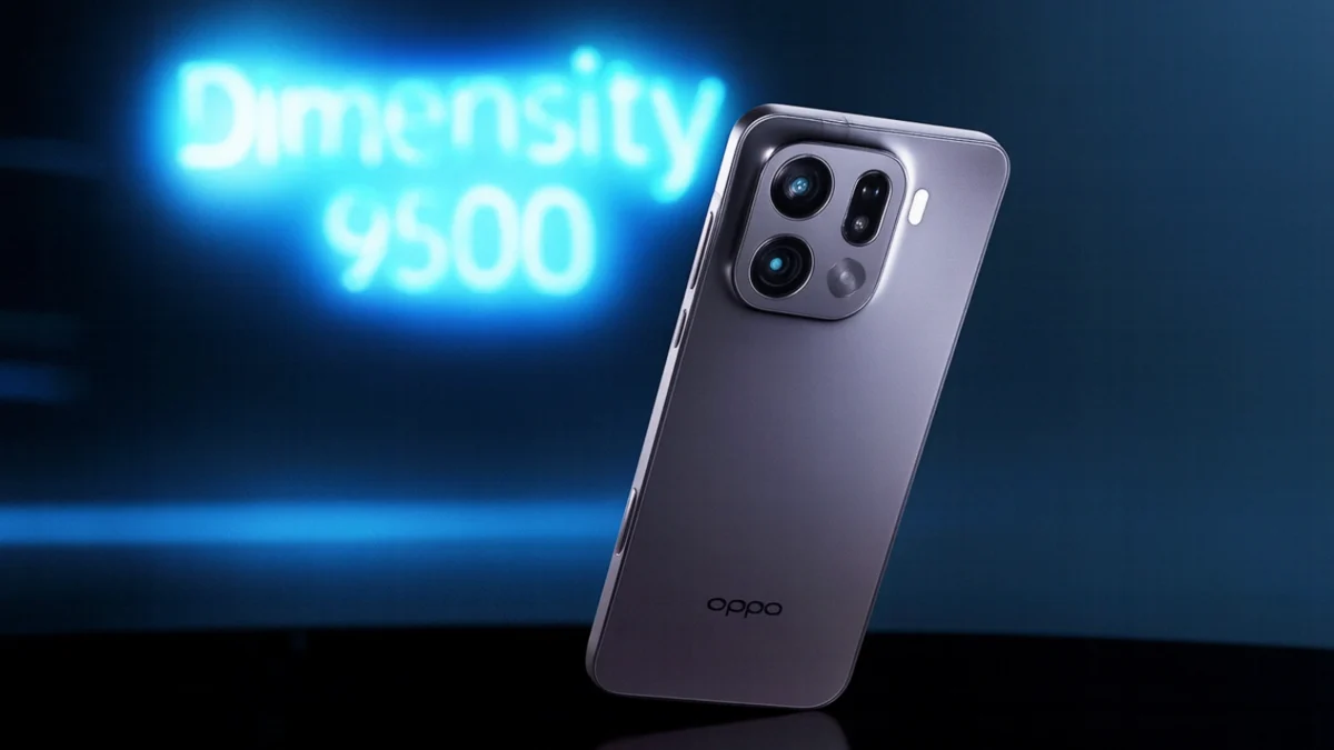OPPO Find X9 render with Dimensity 9500 glow on a dark studio backdrop.