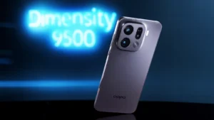 OPPO Find X9 render with Dimensity 9500 glow on a dark studio backdrop.