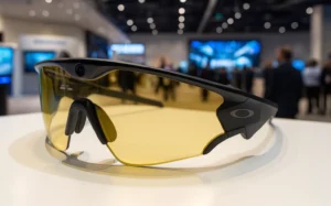 Oakley Meta Vanguard smart glasses close up showing lens, frame, and tech elements