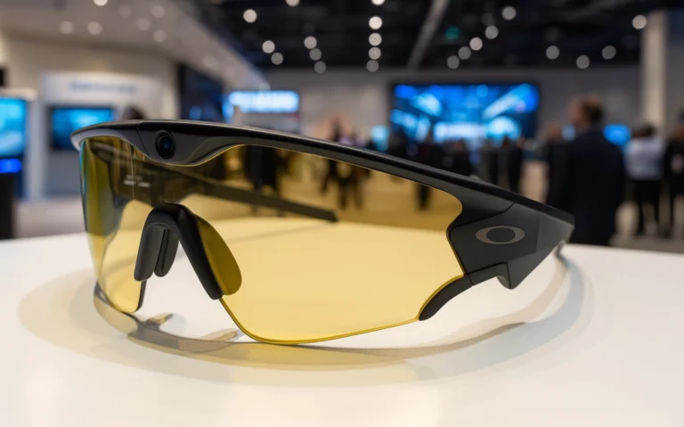 Oakley Meta Vanguard smart glasses close up showing lens, frame, and tech elements