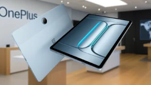 OnePlus Pad Lite in Aero Blue color placed on a desk, showing its slim body and display.