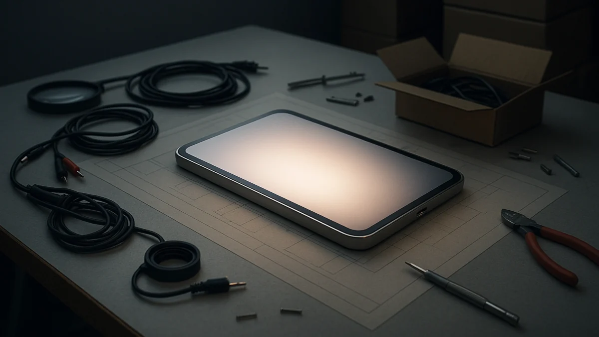 A glowing metallic tablet prototype resting on a design table surrounded by tools, cables, and open boxes, symbolizing the challenges of turning beautiful concepts into real products.