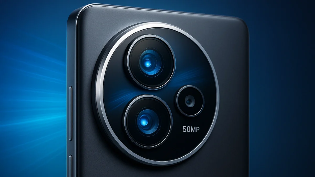 Close-up of a smartphone’s circular triple camera setup with glowing blue lenses, symbolizing the Poco F8 Ultra’s triple 50MP system.