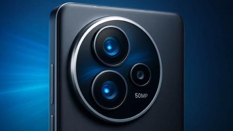 Close-up of a smartphone’s circular triple camera setup with glowing blue lenses, symbolizing the Poco F8 Ultra’s triple 50MP system.