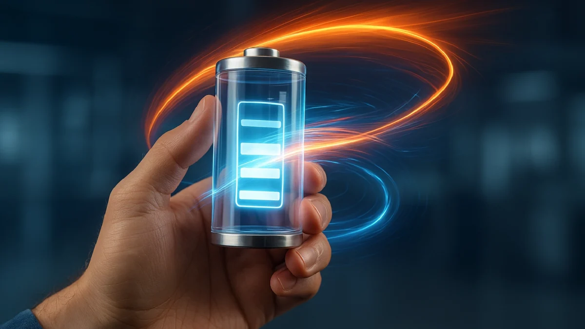 A close-up of a hand holding a glowing transparent battery surrounded by swirling blue and orange energy light trails, representing ultra-fast quantum energy charging.