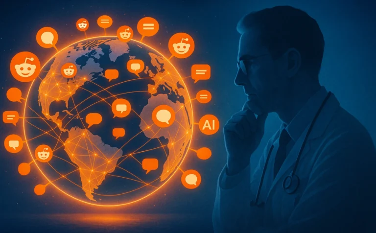 A doctor thoughtfully observing a glowing digital globe made of Reddit logos and chat icons, representing Reddit’s AI search expansion across the world.
