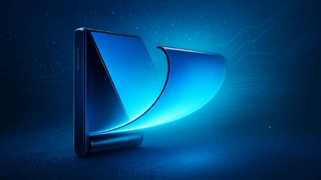 Rollable smartphone with glowing blue screen extending outward.