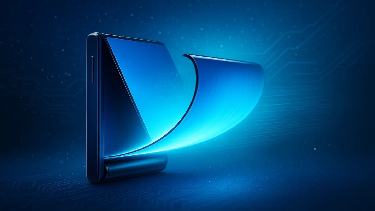 Rollable smartphone with glowing blue screen extending outward.