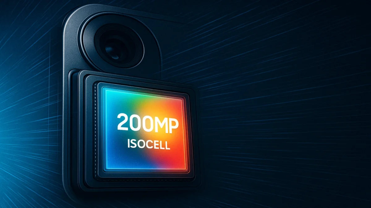 Futuristic close-up of a 200MP ISOCELL sensor inside a smartphone camera module, glowing in blue and orange tones to represent compact imaging innovation.