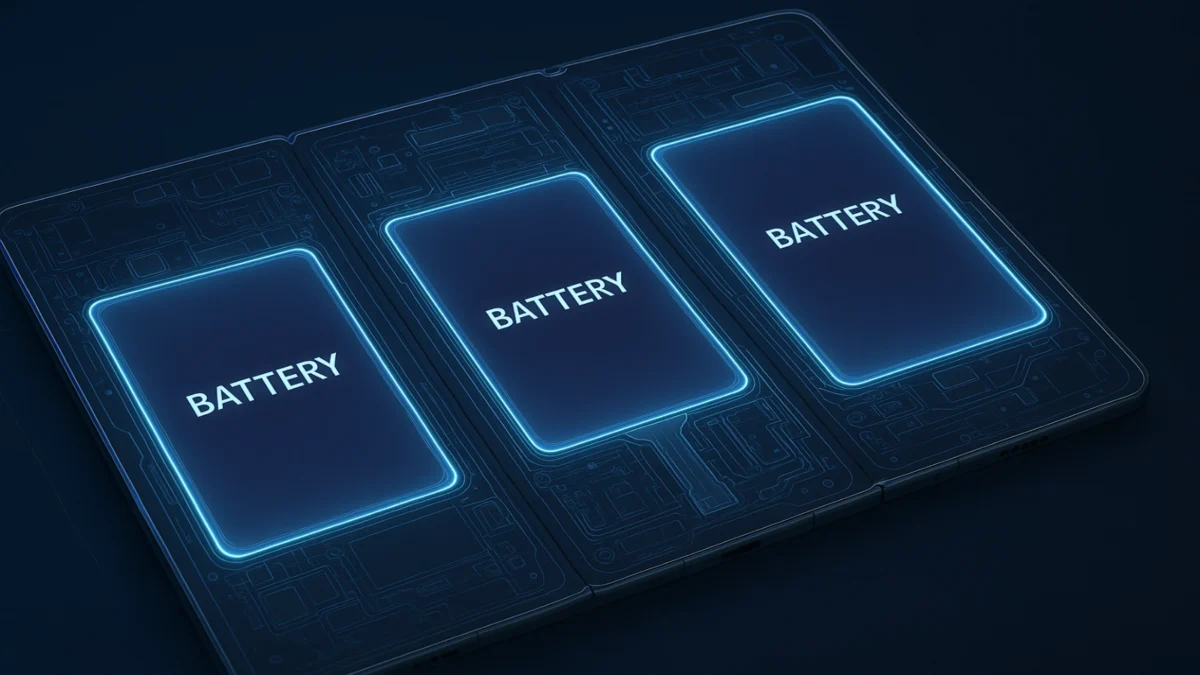 3D render of a foldable smartphone with three glowing internal batteries labeled “Battery” across each panel.