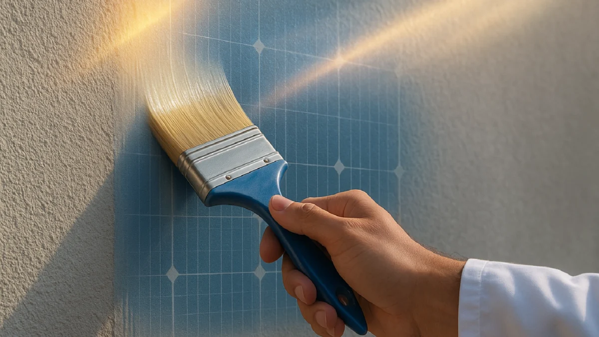 Close-up of a hand painting a wall with blue solar paint that forms a solar cell pattern under sunlight, symbolizing IIT Hyderabad’s innovation in solar energy coatings.