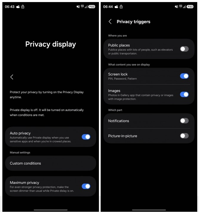 The settings menu for the new Privacy Display feature