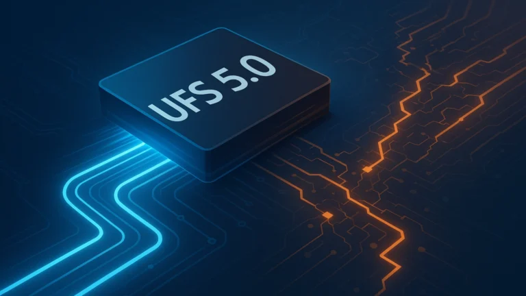 Futuristic UFS 5.0 chip on a glowing circuit board with blue and orange signal paths symbolizing performance promise and technical complexity.