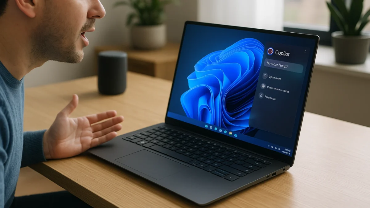 User speaking to a Windows 11 laptop using Microsoft Copilot voice control.