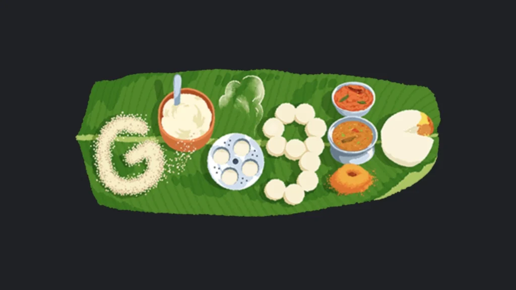 Google Doodle featuring idli arranged as letters with traditional South Indian breakfast elements