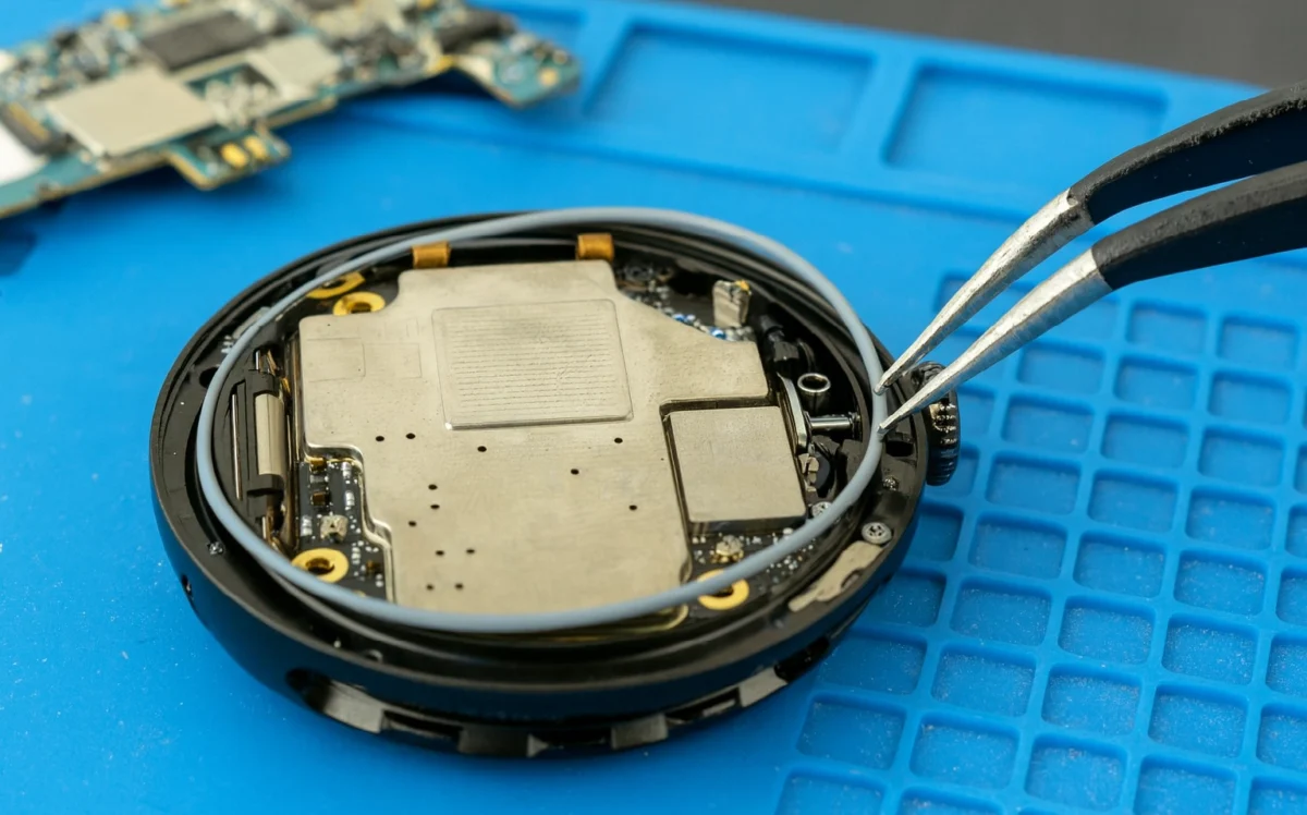 Pixel Watch 4 opened showing screws, gasket, and battery enclosure.
