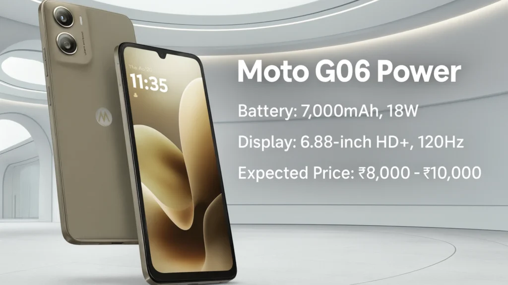 Moto G06 Power promo graphic showing the phone on the left and text on the right: “Battery: 7,000mAh, 18W; Display: 6.88-inch HD+, 120Hz; Expected Price: ₹8,000–₹10,000.