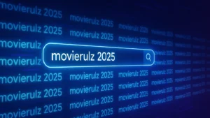 Futuristic digital illustration showing a glowing search bar with the text ‘movierulz 2025,’ repeated in the background, symbolizing the recurring visibility of piracy sites through SEO tactics.