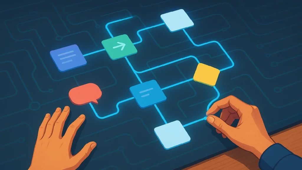 Hands interact with a glowing digital interface, connecting colorful nodes that form an AI workflow diagram, symbolizing visual agent design and no-code creativity.