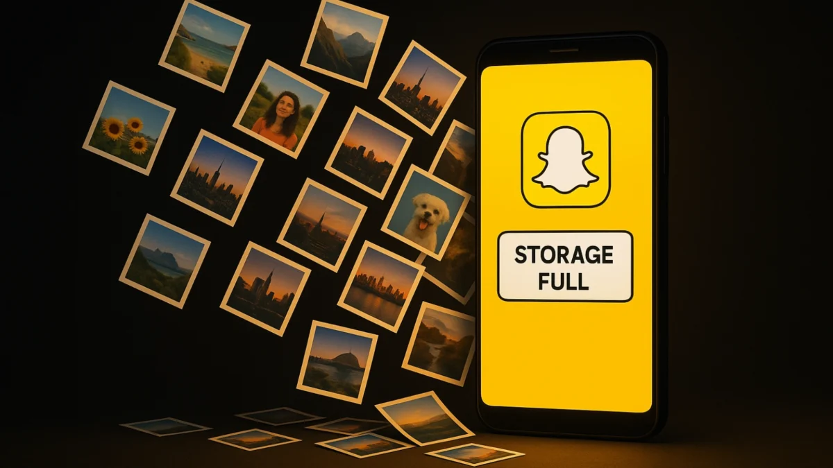Phone screen with Snapchat logo and storage warning surrounded by floating photo thumbnails.