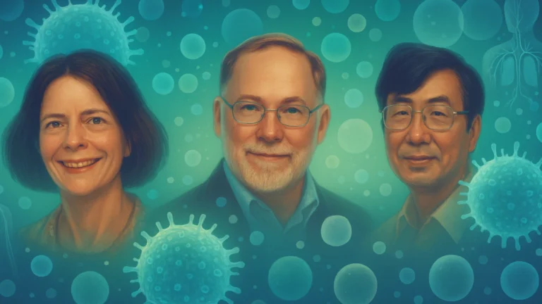 Portrait of Nobel Prize winners Mary E. Brunkow, Fred Ramsdell, and Shimon Sakaguchi, 2025 Medicine laureates recognized for discoveries in immune self-tolerance.