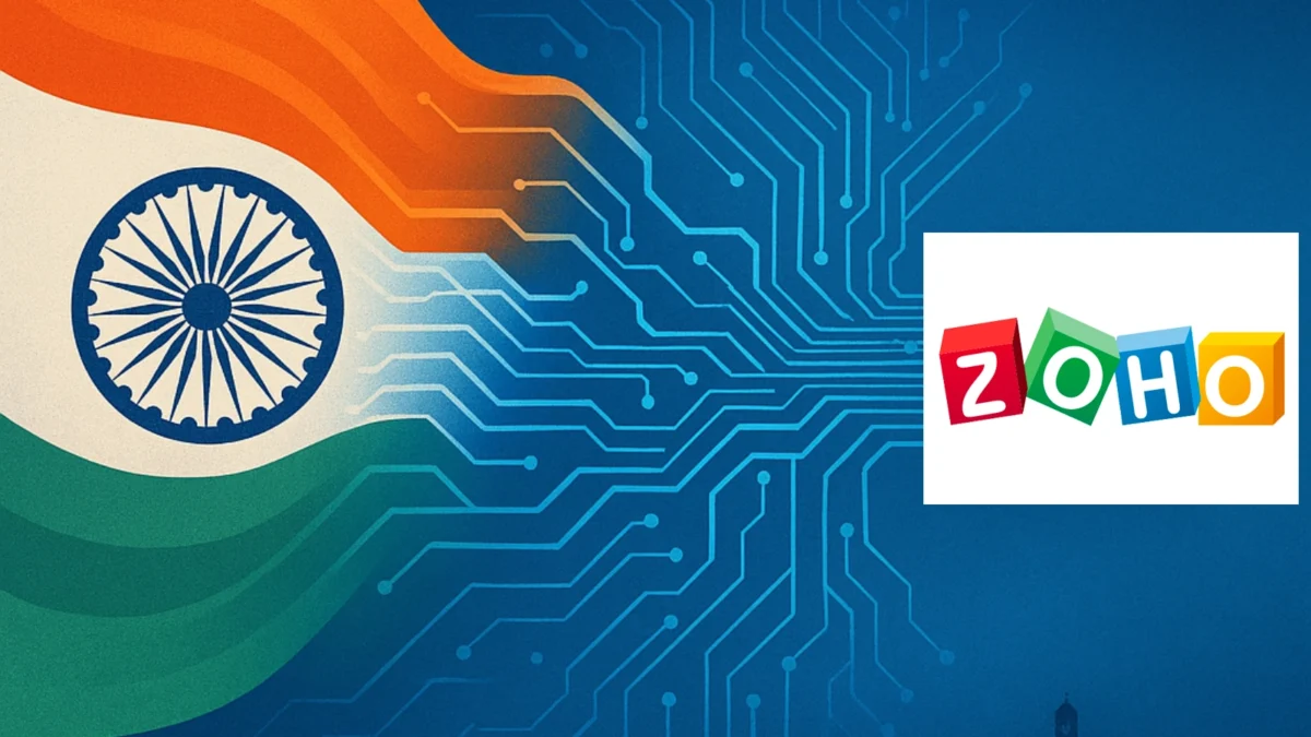 Illustration of the Indian flag transforming into digital circuit lines connecting to an email icon, symbolizing India’s move toward indigenous digital infrastructure and self-reliant technology.